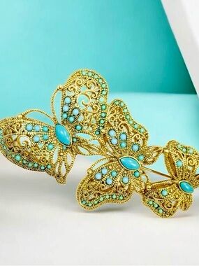 Gold Filigree Butterfly brooch with Turquoise Stones-vintage Monet
